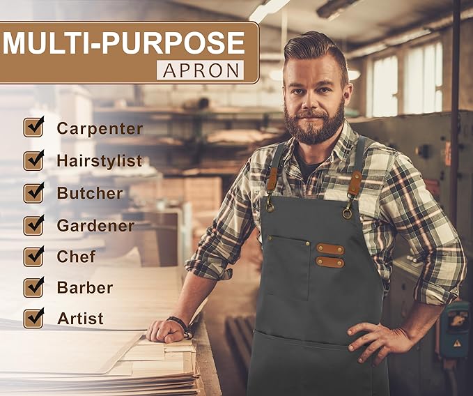RUVANTI Work Aprons for Men, Oil & Water Repellent, PolyCotton Cross Back Aprons for Women with Pockets, Adjustable up to XXL, Chef Aprons for Cooking, Grilling, Welding, Woodworking - Grey Aprons