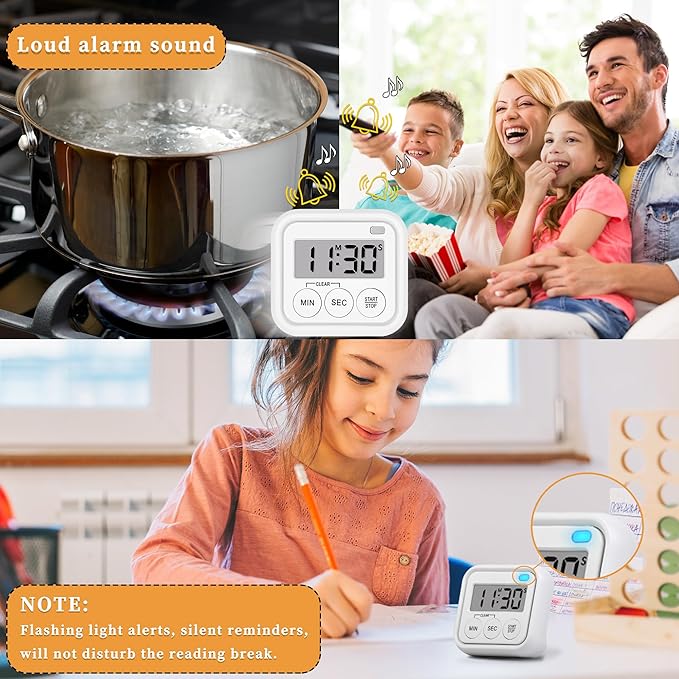 Timer, Kitchen Timers for Cooking Classroom Timer for Kids Teachers Digital Magnetic Timers 4 Pack, White - Image 2
