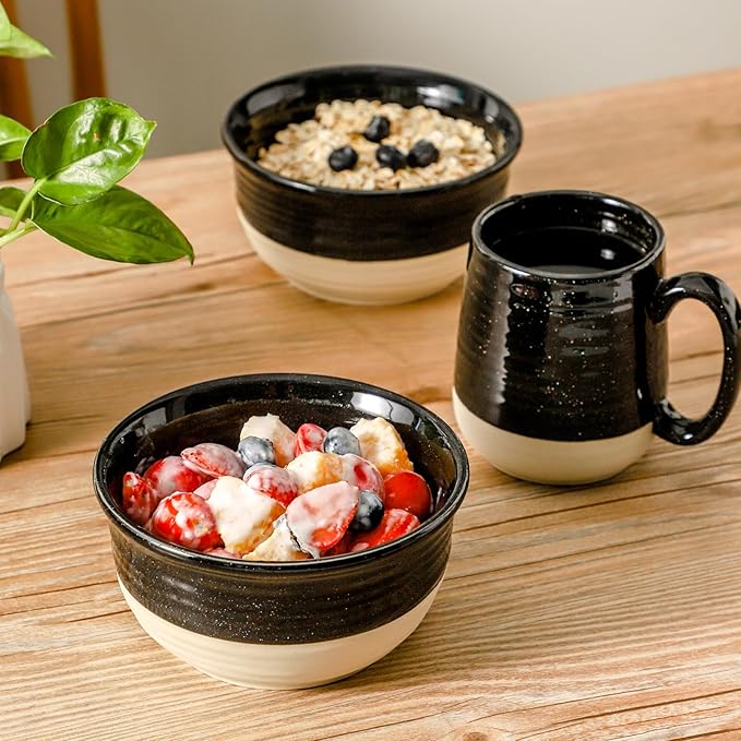 HASENSE Ceramic Soup Bowls and Cereal Bowls, 20 OZ Bowls for Kitchen Set of 6, Stackable Bowls Set for Ramem, Salad, Oatmeal, Rice, Snack, Dishwasher Microwave Safe, Black - Image 5