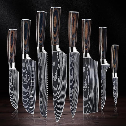SENKEN 8-piece Premium Japanese Kitchen Knife Set with Laser Damascus Pattern - Imperial Collection - Chef's Knife, Santoku, Bread, Paring & More, Ultra Sharp for Very Fast Cutting
