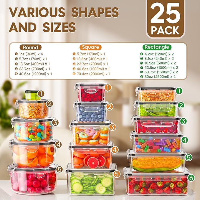 50 PCS Food Storage Containers with Lids Airtight (25 Containers & 25 Lids), 100% Leak Proof Meal Prep Container for Kitchen, BPA-Free Plastic(Polypropylene5), Microwave/Dishwasher Safe, Labels & Pen - Image 2