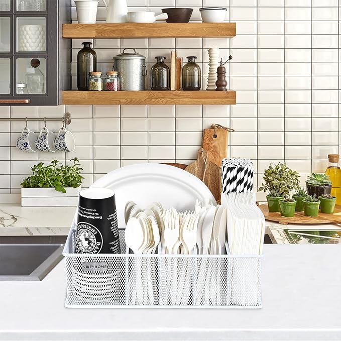 VIKEYHOME Paper Plate Organizer, Metal Silverware Caddy with 6 Compartments for Knives, Spoons, Cups, Forks, Napkins, Utensil Holder for Party, Camping, Picnic, White - Image 8