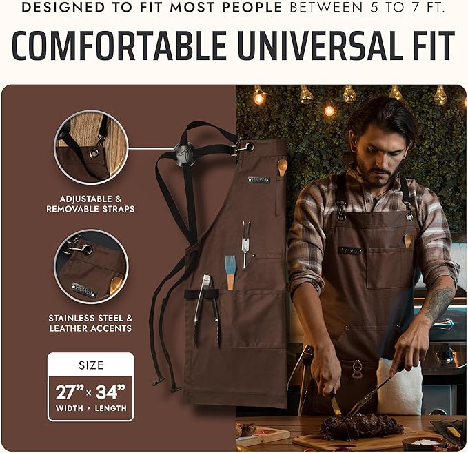 Asaya Chef and BBQ Apron with Bottle Opener and Hand Towel - 10oz Cotton Canvas, Stainless Steel Hardware - Cross Back Straps - Image 5