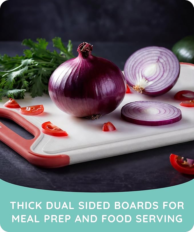 Cutting Boards for Kitchen, Plastic Cutting Board Set of 3, Dishwasher Safe Cutting Boards with Juice Grooves for Meat, Veggies, Easy Grip Handle, Serveware Accessories (Pink)