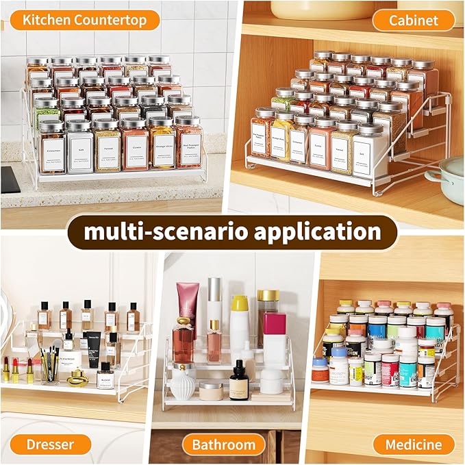 BOIVSHI Tiered Spice Rack, 4 Tier Spice Shelf Organizer for Cabinet, Spice Rack Organizer, Depth Adjustable Seasoning Rack Organizer for Cabinet, Countertop, Pantry, Metal, White (1 Pack) - Image 7