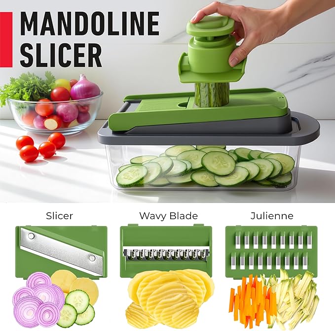 Mueller Pro-Series 10-in-1, 8 Blade Vegetable Chopper, Onion Mincer, Cutter, Dicer, Egg Slicer with Container, French Fry Cutter Potato Slicer, Home Essentials, Salad Chopper,Gray/Green - Image 6