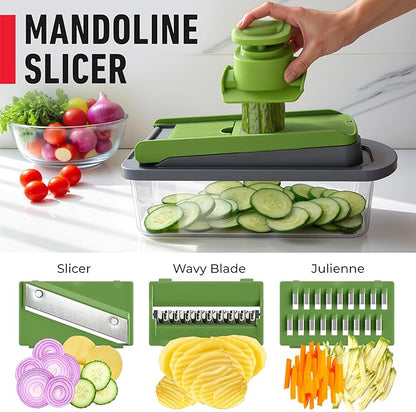 Mueller Pro-Series 10-in-1, 8 Blade Vegetable Chopper, Onion Mincer, Cutter, Dicer, Egg Slicer with Container, French Fry Cutter Potato Slicer, Home Essentials, Salad Chopper,Gray/Green - Image 6