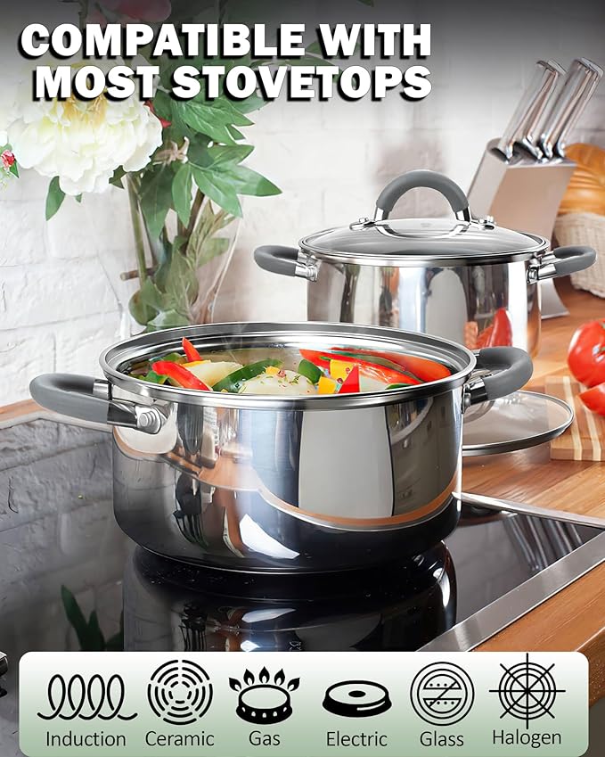 Cook N Home 3-Quart Stainless Steel Pot, Small Stock Pot with Glass Lid, Basics Saucier Casserole Stockpot, Stay-Cool Silicone Handles - Image 3