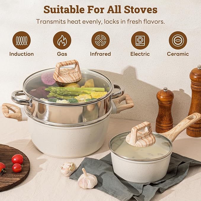 17 Pcs Pots and Pans Set Non stick，Cookware Sets White Granite Induction Cookware, Non-toxic Healthy Non Stick Kitchen Cooking Set with Frying Pans Set, Saucepans (PFAS, PFOA, PFOS Free) White - Image 5