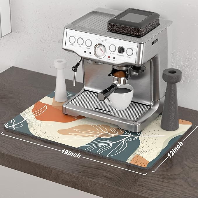 Rnivvi Coffee Mat, 12" x 19" Cute Boho Theme Coffee Bar Mats for Espresso Machine Station Accessories and Organizer, Hide Stain Rubber Backed Absorbent Dish Drying Pad for Kitchen Counter, Leaves - Image 2
