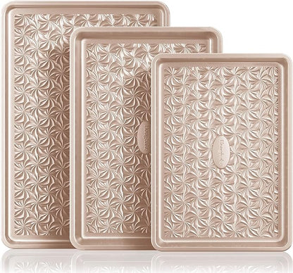 HONGBAKE Nonstick Baking Sheet Pan Set of 3, Cookie Sheets for Oven, Non-Toxic Half/Quarter/Jelly Roll Pans with Floral Swirl Texture, Heavy Duty 0.8mm Thick Oven Trays for Cooking, Champagne Gold by HONGBAKE
