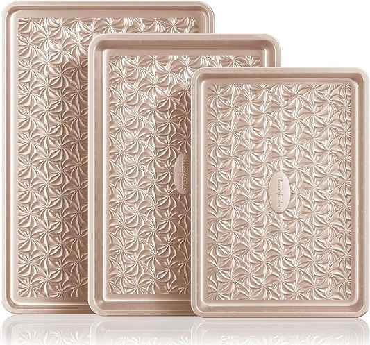 HONGBAKE Nonstick Baking Sheet Pan Set of 3, Cookie Sheets for Oven, Non-Toxic Half/Quarter/Jelly Roll Pans with Floral Swirl Texture, Heavy Duty 0.8mm Thick Oven Trays for Cooking, Champagne Gold by HONGBAKE