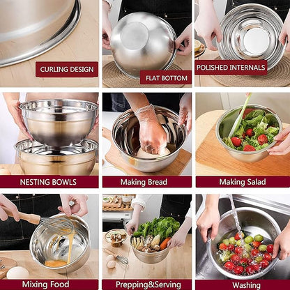 MIKULA Mixing Bowls Set, 22PCS Large Stainless Steel Mixing Bowl with Lids Set, Large Nesting Bowls 7/6/4.5/3.5/2.5QT, Measuring Cups and Spoons Baking Storage Metal Bowl for Kitchen Prep Supplies - Image 3