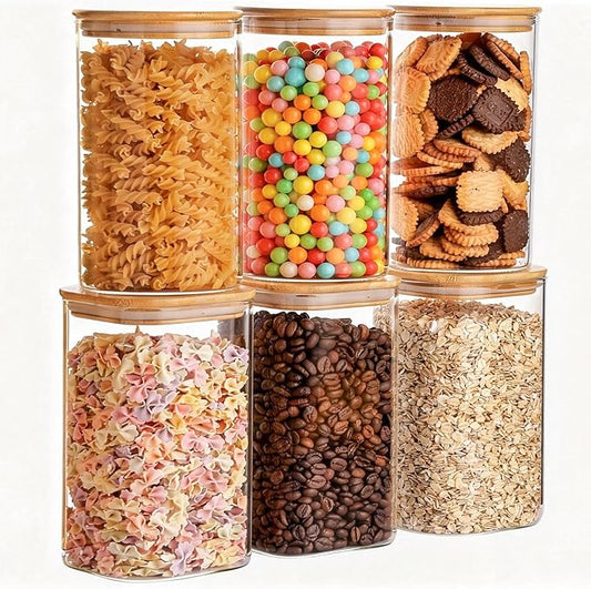 6-Pack Glass Food Storage Jars Set (3 Square + 3 Round), 37oz Airtight Clear Canisters with Bamboo Lids, Stackable Pantry Containers for Flour, Sugar, Rice, Pasta, Nuts, Candy & Spice Organization
