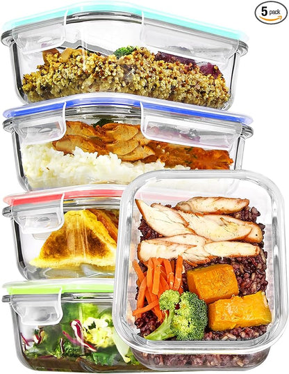 Vtopmart 5Pack 22oz Glass Storage Containers with Lids, Glass Meal Prep Food Container Sets with Snap Airtight Lids for Microwave, Oven, Freezer and Dishwasher, Multicolour by Vtopmart
