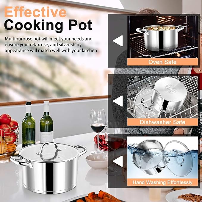 P&P CHEF 5 Quarts Cooking Stock Pot with Lid, Stainless Steel Stockpot Induction Pot for Soup, Tri-Ply Bottom & Clear Glass Lid & Double Handle, Dishwasher Safe - Image 7