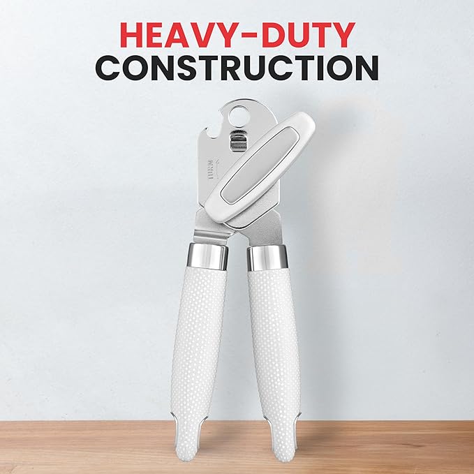 Zulay Kitchen Heavy Duty Stainless Steel Can Opener Manual with Large Bottle Opener - Manual Can Opener with Turn Knob with Soft Grip Handles - White - Image 2