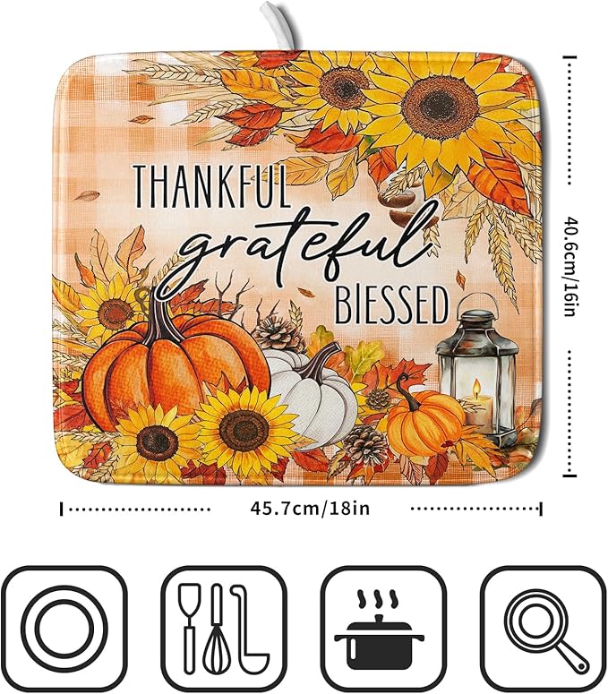 Giwawa Autumn Pumpkins Dish Drying Mat for Kitchen Countertop, Fall Sunflowers Thankful Grateful Blessed Dish Drainer Mats 16x18in, Thanksgiving Harvest Decorative Reversible Dish Drying Pad