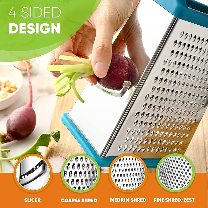 Spring Chef Handheld Stainless Steel XL Parmesan Cheese Grater with Handle - 4 Sided Metal Box Grater for Kitchen - Dishwasher Safe Potato Shredder for Hash Browns, Potato, Carrot, Vegetables - Teal - Image 6
