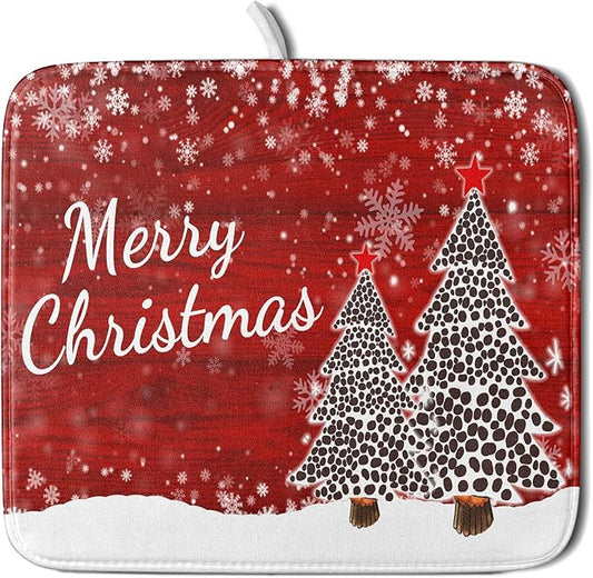 Merry Christmas Tree Red Dish Drying Mat for Kitchen Counter,Winter Snowflake Pine Drying Mat 16 x 18 Inch with Absorbent Reversible Microfiber Dish Drying Pad for Coffee Bar by Anyako