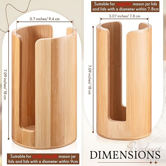 Suclain 2 Pcs Mason Jar Lid Organizer Bamboo Vertical Mason Jar Lid Storage Accessories Tumbler Lids Holder Cup Lids Organizer for Home Kitchen Countertop Cupboard(Wide Mouth & Regular Mouth) - Image 2