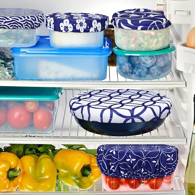 Patelai 10 Pcs Bowl Covers Reusable in 5 Size Stretch Cloth Fabric Elastic Food Storage Bowl Covers Bread Sourdough Lids for Proofing Food Fruits Leftover(Blue White,Stylish Style) - Image 3