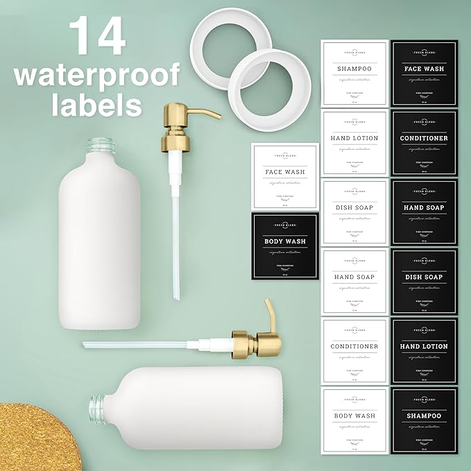 Vine Creations White Glass Soap Dispenser, 2 Pack Kitchen Soap Dispenser Set with Stainless Steel Pump, 16 oz Dish Soap and Hand Soap Dispensers for Bathroom with Waterproof Labels - Image 5