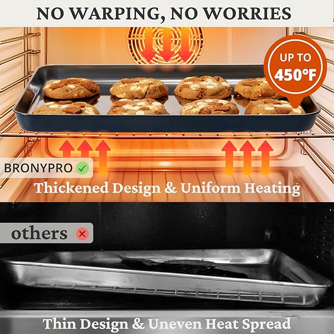 BRONYPRO Stainless Steel Baking Sheet Pan Set of 3, Cookie Sheets 9/12/16 In, Non-Toxic Uncoated Interior (PFOA & PTFE Free), Solid Warp-Resistant Cooking Trays for Oven & Toaster, Navy Exterior - Image 5