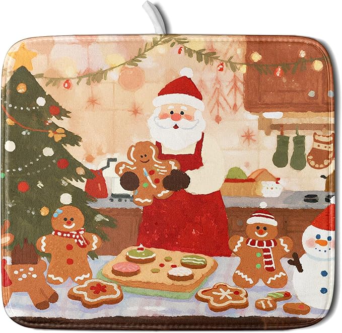 Christmas Dish Drying Mat for Kitchen Counter 16x18 Santa Claus Gingerbread Winter Xmas Holiday Themed Absorbent Reversible Microfiber Drying Mats Kitchen Countertop Protector Dishes Drainer Rack Pad by Aytipun