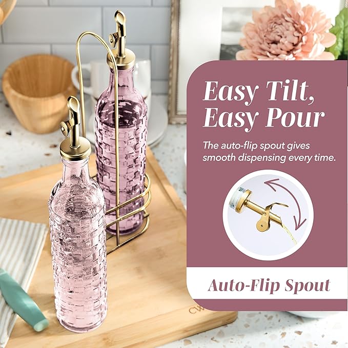 COOK WITH COLOR Glass Olive Oil Bottle Dispenser - 2 Pack- 17oz Oil and Vinegar Cruet - Olive Oil Carafe Decanter for Kitchen, Checkered, Pink - Image 3