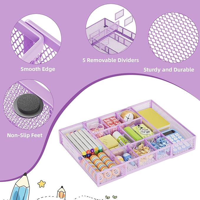 Marbrasse Expandable Desk Drawer Organizer, Mesh Drawer Organizer Tray with 10 Adjustable Compartments, Desk Organizers and Accessories for Office Supplies, Makeup & Vanity (Expandable-Purple) - Image 6