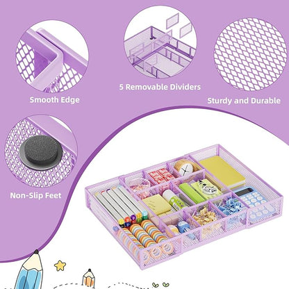 Marbrasse Expandable Desk Drawer Organizer, Mesh Drawer Organizer Tray with 10 Adjustable Compartments, Desk Organizers and Accessories for Office Supplies, Makeup & Vanity (Expandable-Purple) - Image 6