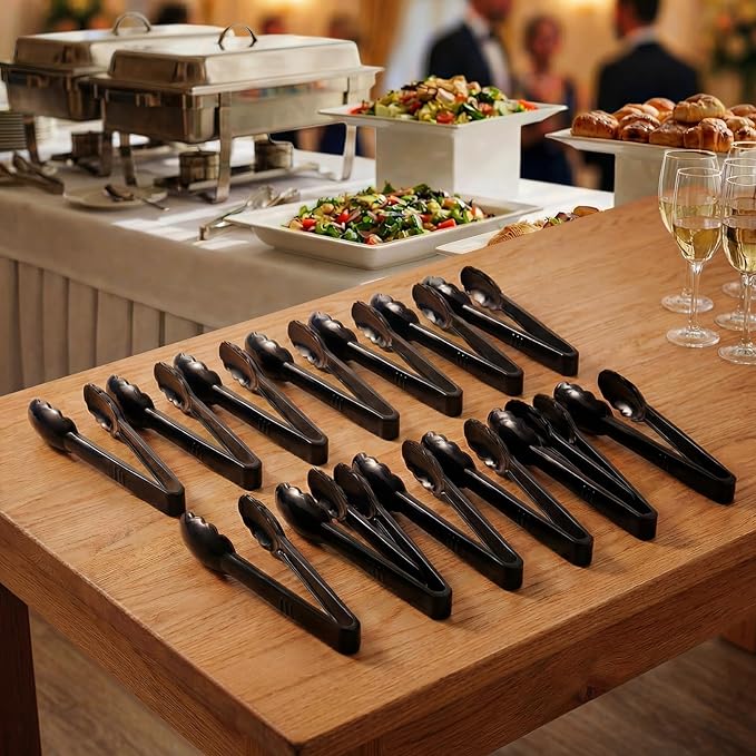 24 Pack Plastic Tongs for Serving, 9 Inch Disposable & Reusable Food Tongs with Scalloped Tips, Heavy Duty for BBQ, Catering, Buffet, Parties, Bulk Food Service (Black)