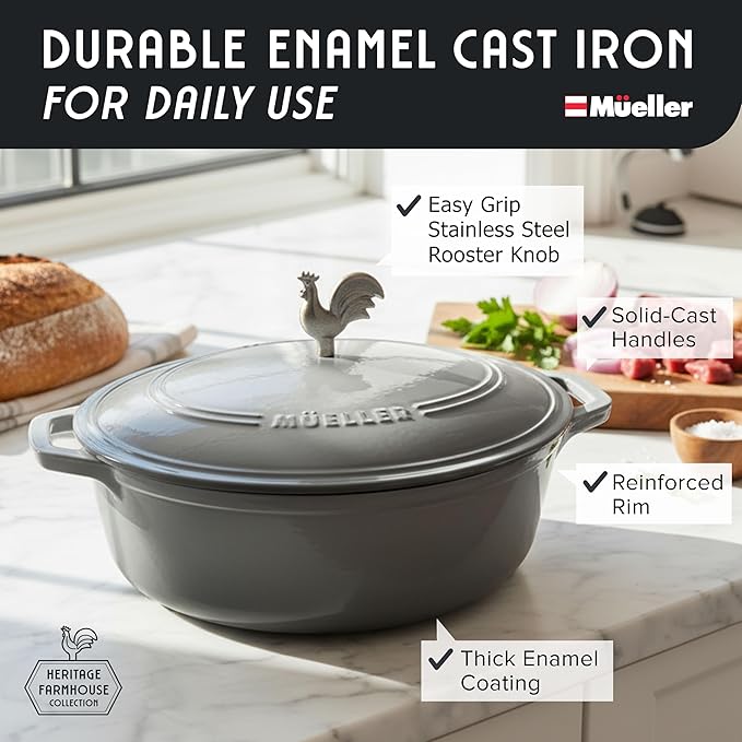 MUELLER HOME 5.5 Quart Enameled Cast Iron Oval Dutch Oven with Rooster Knob & Cotton Potholders, Heavy-Duty Cookware, Oven-Safe up to 500° F & Across All Cooktops, Gifts for Grandma & Women, Gray - Image 2
