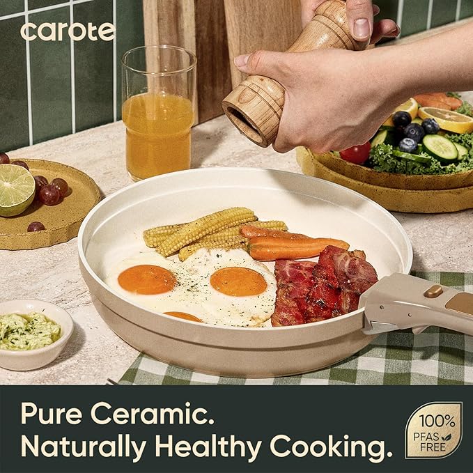 CAROTE 18 Pcs Ceramic Cookware Set Titanium Nonstick with Detachable Handles, Non Toxic Cookware, Pots and Pans Set Non Stick Removable Handles, Induction Available, Kitchen Cooking, Dishwasher Safe - Image 4