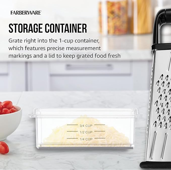 Farberware Professional 4-Sided Slim Stainless Steel Heavy Duty Kitchen Box Grater with Detachable Clear Storage Container, Perfect for Parmesan Cheese, Vegetables, Ginger, with Lemon Zester - Image 6