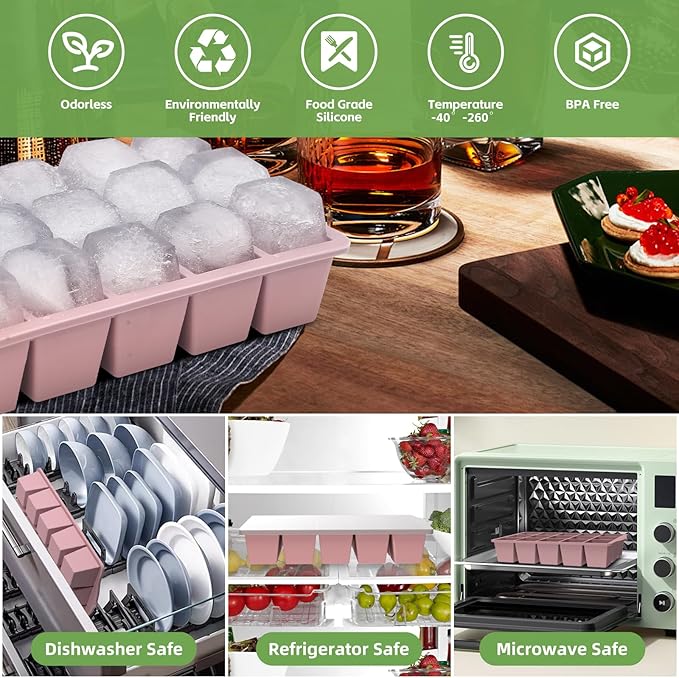 FANYITY Silicone Ice Cube Tray with Lid Pink, Pack of 4 Ice Cube Moulds, Silicone Mould, BPA-Free, Stackable Ice Cube Tray, Ice Cube Trays for Baby Porridge, Cocktail, Whiskey, Coffee