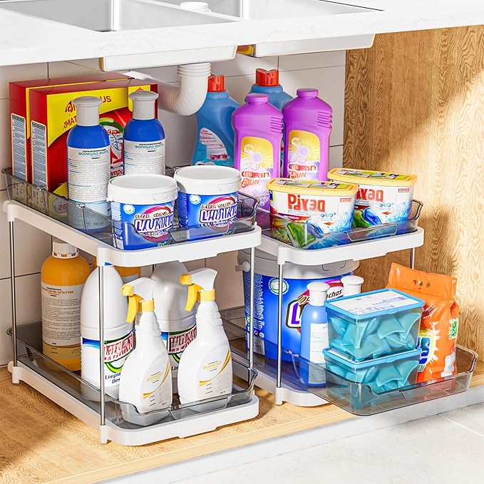 Delamu 2-Tier Multi-Purpose Bathroom Under Sink Organizers and Storage, Stackable Kitchen Pantry Organization, Pull Out Medicine Cabinet Organizer with Movable Dividers, Grey, 2 Pack - Image 6