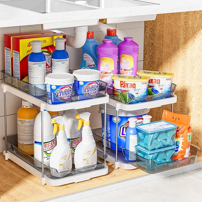 Delamu 2-Tier Multi-Purpose Bathroom Under Sink Organizers and Storage, Stackable Kitchen Pantry Organization, Pull Out Medicine Cabinet Organizer with Movable Dividers, Grey, 2 Pack - Image 6