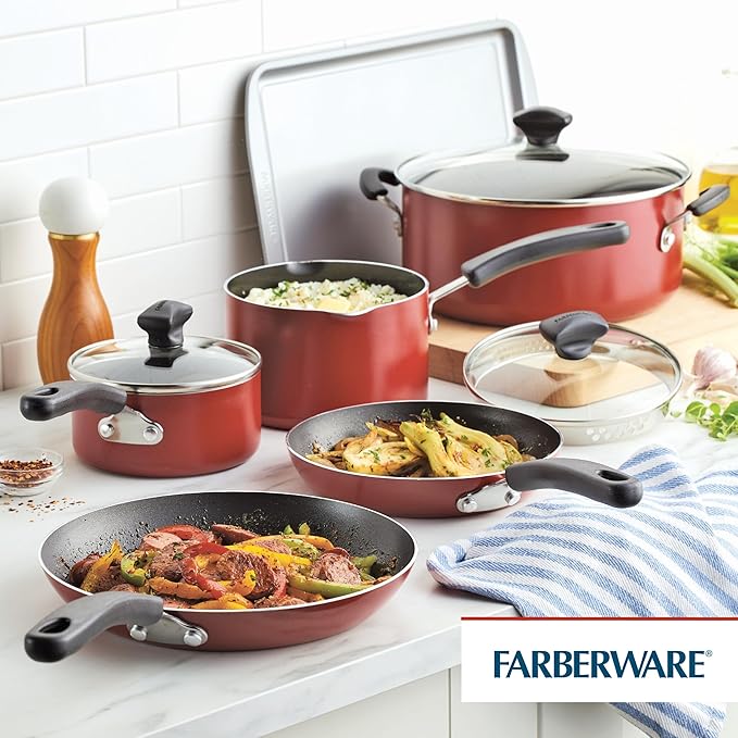 Farberware Cookstart DiamondMax Nonstick Cookware/Pots and Pans Set, Dishwasher Safe, Includes Baking Pan and Cooking Tools, 15 Piece - Red - Image 17