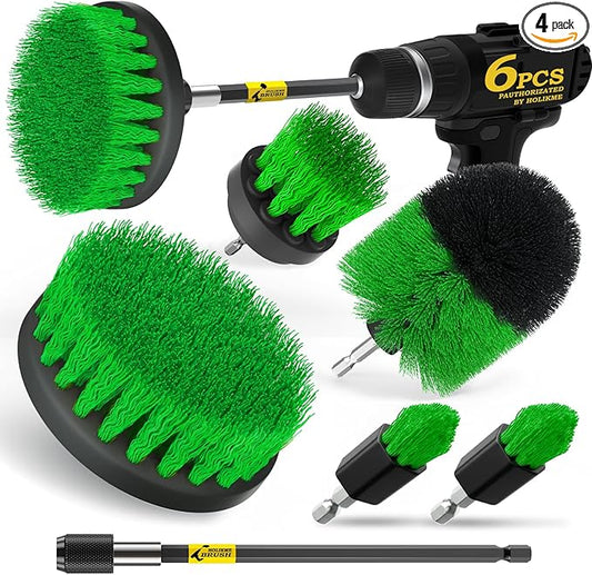 Holikme 6Pack Drill Brush Power Scrubber Cleaning Brush Extended Long Attachment Set All Purpose Drill Scrub Brushes Kit for Grout, Floor, Tub, Shower, Tile, Bathroom，Scrub Brush Green by Holikme