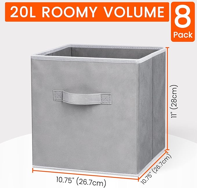 Criusia Storage Cubes - 11 Inch Heavy Duty Fabric Closet Bins for Shelves, Cube Organizer - 8 Pack Collapsible Decorative Storage Bins Baskets for Organizing Clothes Blankets Toys (Grey) - Image 2