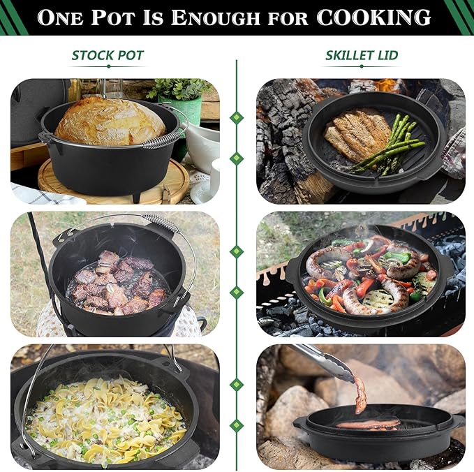 5QT Cast Iron Dutch Oven with Stainless Steel Scrubber, HaSteeL 2-In-1 Pre-seasoned Camping Pot, Heavy Duty Campfire Pot with Feet for Outdoor Stovetop Griddle Cooking Baking Roasting Stewing