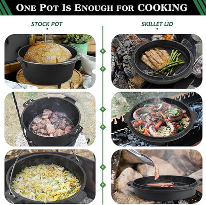 5QT Cast Iron Dutch Oven with Stainless Steel Scrubber, HaSteeL 2-In-1 Pre-seasoned Camping Pot, Heavy Duty Campfire Pot with Feet for Outdoor Stovetop Griddle Cooking Baking Roasting Stewing