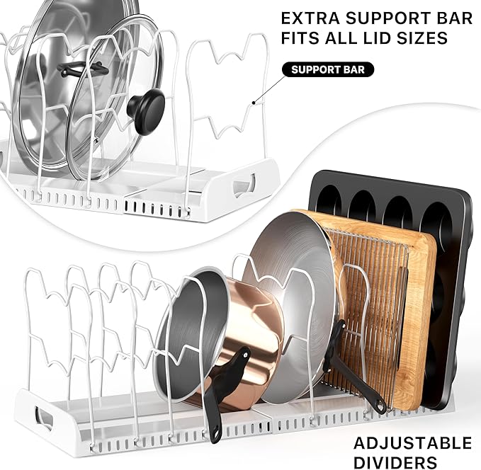 Simple Houseware Expandable Pan Organizer Rack, 10 Adjustable Compartments, White - Kitchen Cabinet Organizer for Pots, Pans, Lids & Bakeware - Pantry & Countertop Storage - Image 4