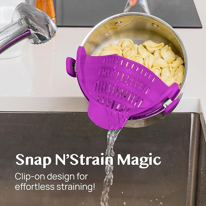 Kitchen Gizmo Snap N Strain Pot and Pasta Strainer - Strainers and Colanders - Adjustable Silicone Clip On Strainer for Pots, Pans, and Bowls - Kitchen Colander - Purple (Pack of 2) - Image 2