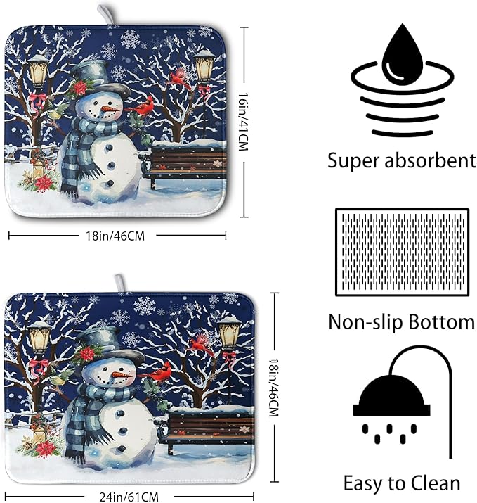 Winter Snowman Dish Drying Mat for Kitchen Counter 18x24, Xmas Snowflakes Dish Drainer Mat Snowy Night Drying Kitchen Mats Cardinal Birld Dish Pad Absorbent Reversible Coffee Mats for Dishes - Image 2