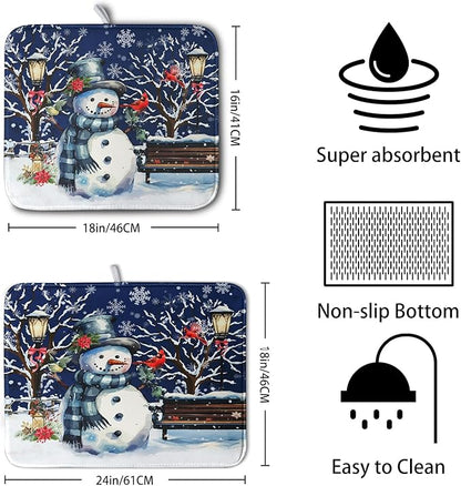 Winter Snowman Dish Drying Mat for Kitchen Counter 18x24, Xmas Snowflakes Dish Drainer Mat Snowy Night Drying Kitchen Mats Cardinal Birld Dish Pad Absorbent Reversible Coffee Mats for Dishes - Image 2