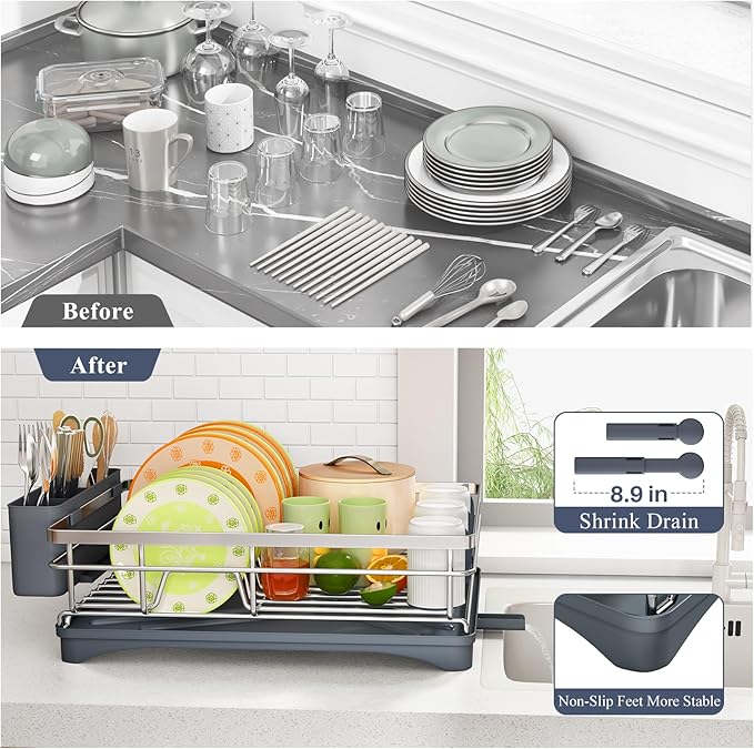 Dish Drying Rack - Stainless Steel Dish Rack for Kitchen Counter, Large-Capacity Dish Drainer with Cutlery Holder, Kitchen Organizer for Dishes, Spoons and Forks, Silver - Image 6