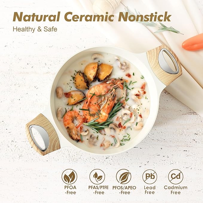 SENSARTE Ceramic Nonstick Stock Pot with Lid, 2.6/4.5/6.6/8.5 QT Soup Pot Casserole Pot, Non-toxic Healthy Pasta Pot, Large Cooking Pot Stew Pot, Induction Compatible, PFOA PFAS PTFE Free, White - Image 2